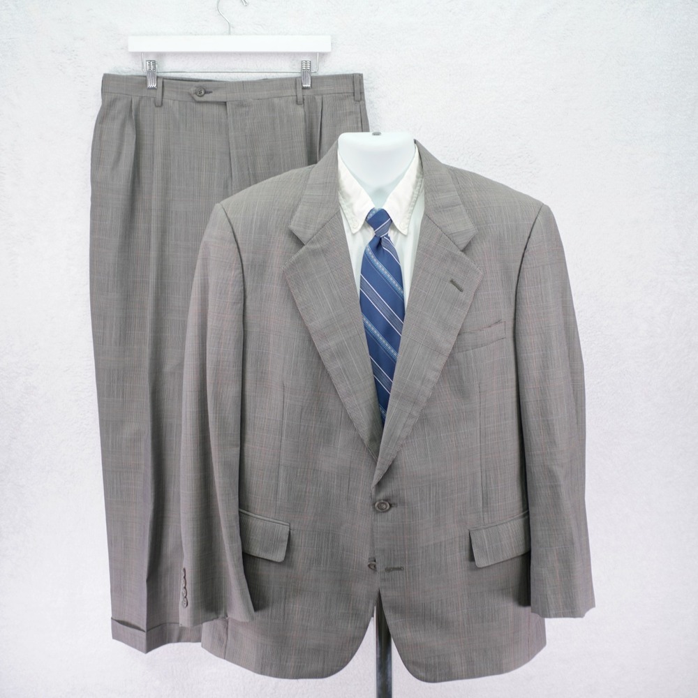 Jos A Bank Wool Glen Plaid Gray 2 Piece Suit 2 Button 42R 36 / 30 Pleated Cuffed